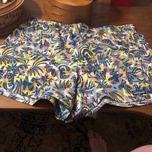 Patagonia Women's 5 inch bar Tropical Print Shorts in Blue, Yellow, Pink